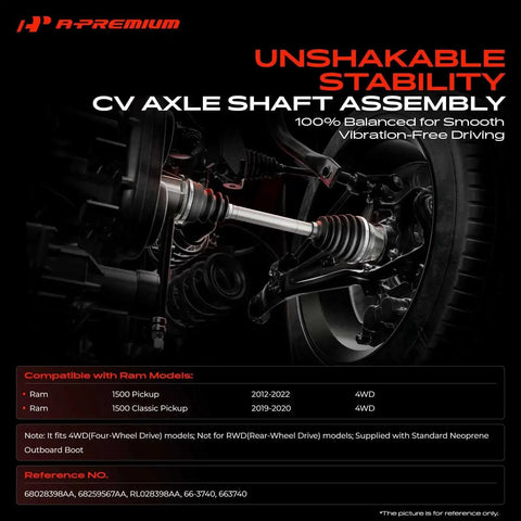 Image of Ram CV Axle Shaft Assembly Front Left Or Right For 2012-2022 Ram 1500 4WD And 2019-2020 1500 Classic Replacement 68028398AA RL028398AA Beefed-Up Heavy Duty Front Wheel Drive Axle installed in vehicle.