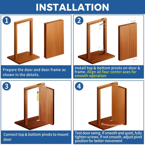 Installation steps for Heavy Duty Pivot Door Hinges For Wood Doors With 360 Degree Shaft Stainless Steel Pivot Hinge System