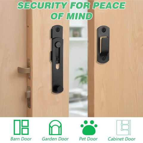 Two installed black gate bolts from 4 Pcs Barn Door Lock Sets With 180 Degree Flip Sliding Latches shown on wooden doors.