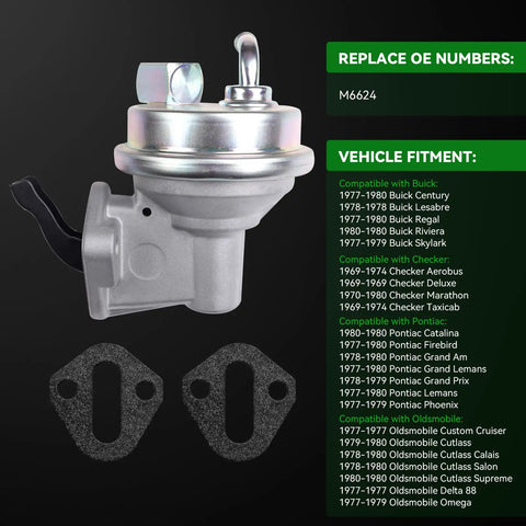 Front view of Mechanical Fuel Pump Replacement For SBC Small Block Chevy 350 With Stock 7.5 To 9.5 PSI Pressure Compatible With GM V8 Carbureted Engines Easy Swap In For Classic Buick Chevrolet GMC Olds And Pontiac Cars with gaskets
