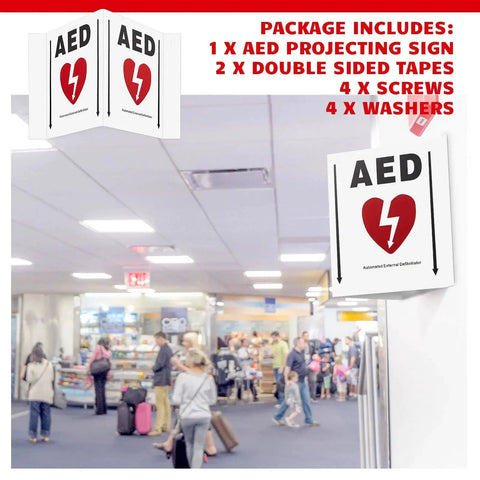 3D AED Projection Sign for Defibrillator Access Kigley Aluminum Panel Sign with installation pack in busy public space