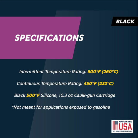 Rutland Black 500°F RTV silicone sealant specs: intermittent 500°F, continuous 450°F, 10.3 oz cartridge, USA-made.
