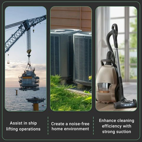 VORGENS vacuum blower motor collage: crane lifting load over water; two outdoor AC units; upright vacuum cleaner.