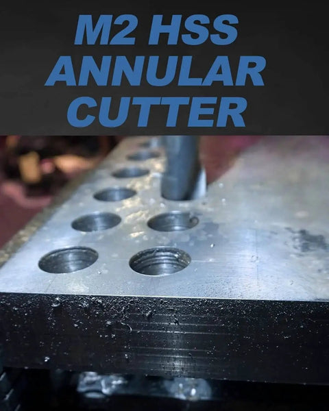 Annular Cutter Set For Mag Drill Boss Style Power With M2 HSS Bits, cutting clean holes in steel with pilot pin.