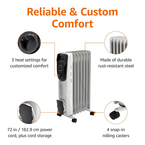 Cozy Up Fast With A Portable Oil Filled Radiator Heater From Amazon Basics With Three Heat Settings High 1500W Medium 1000W Low 600W Long Lasting Heat Seven Oil Filled Fins ETL Safety Tip Over Protection Indoor Use White, showing 3 heat settings, rust-resistant steel, power cord, and casters.