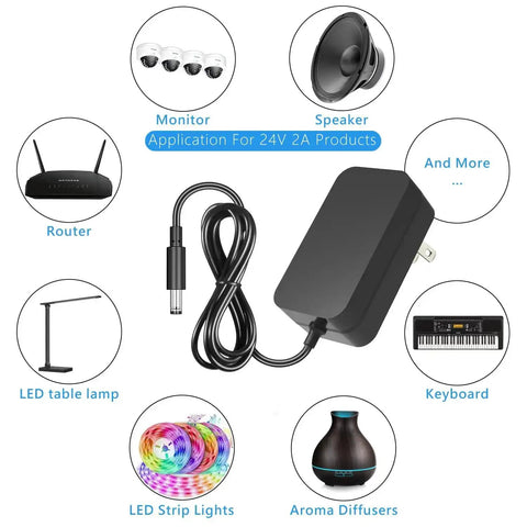 AC To DC 24V Power Supply Adapter For LED Strip Lights Surveillance Cameras CCTV External Hard Drives Monitors And More with four foot DC cord.