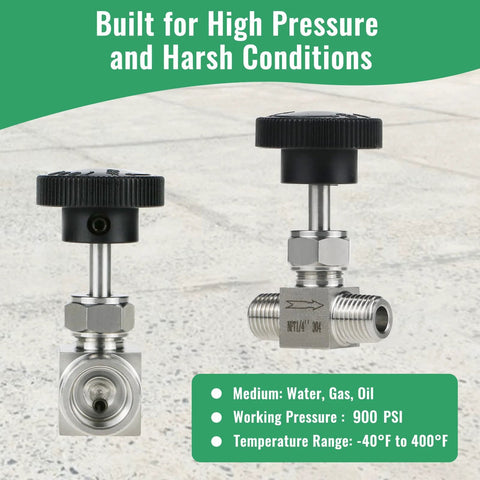 Angry Pony stainless steel 304 needle valve, 1/4 NPT male straight, high-pressure flow control; two valves shown