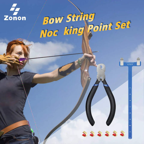 All In One Archery Bow String Nocking Points Kit With Buckle Pliers And T Shape Bow Square For Easy Install Includes 6 Nock Sets Ruler And Retainer Clips For Recurve Bow Dark Blue