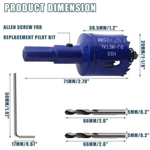 Bi Metal Hole Saw With Arbor One Three Eighths Inch 35mm For Wood Plastic Metal Drywall Fiberboard Smooth Fast Drilling Ideal For Cornhole Boards And DIY Projects Suiwotin, showing product dimensions and parts.