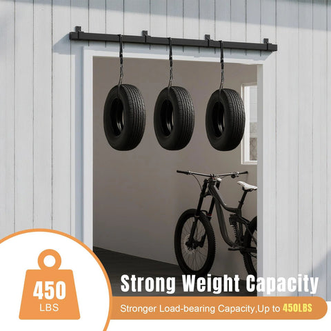 16 Foot Exterior Sliding Barn Door Hardware Kit With Box Rail Track For Exterior Use, 450 Lb Capacity, black weather resistant steel installed