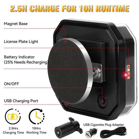 SAKFEP magnetic trailer light kit; IP67 waterproof, USB rechargeable LED tow lights, front view with magnetic base.