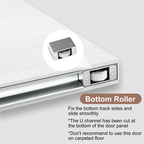 Close-up of the bottom roller of the Concealed Sliding Barn Door With Soft Close Hardware Kit White Flush Hidden Door