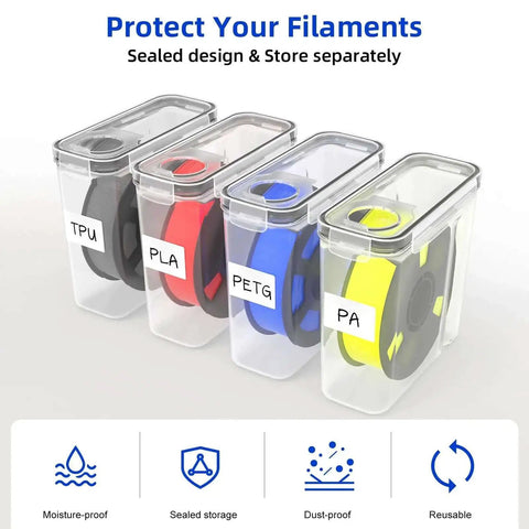 8 Pack Filament Storage Case For 1.75mm Spools, Airtight Silicone Seal, Dust Proof Reusable Organizer With Writable Labels, Perfect For PLA ABS PETG TPU PA And More, Measures 9.05 X 8 X 3 Inches, showing TPU, PLA, PETG, PA spools in transparent cases.