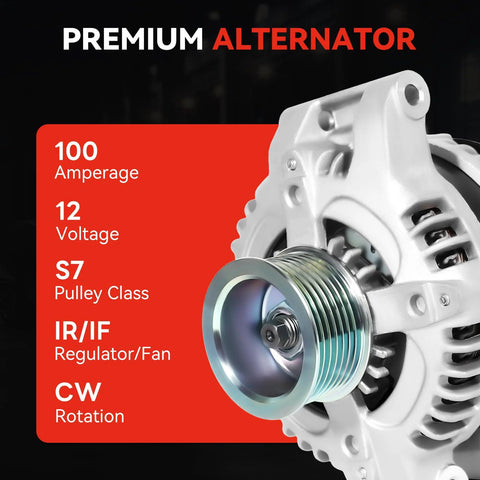 Close-up of heavy duty alternator for Honda and Acura, showing 100 amperage, 12 voltage, S7 pulley class, IR/IF, CW rotation.