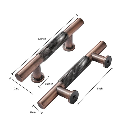 10 Pack 3 Inch Knurled Brushed Antique Copper Cabinet Drawer Pulls with dimensions, solid metal construction, rustic finish