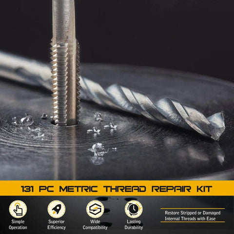 Close-up of All In One Helicoil Thread Repair Kit, Metric 131 Piece Set With HSS Drill Bits on metal surface for M5 M6 M8 M10 M12 repairs.