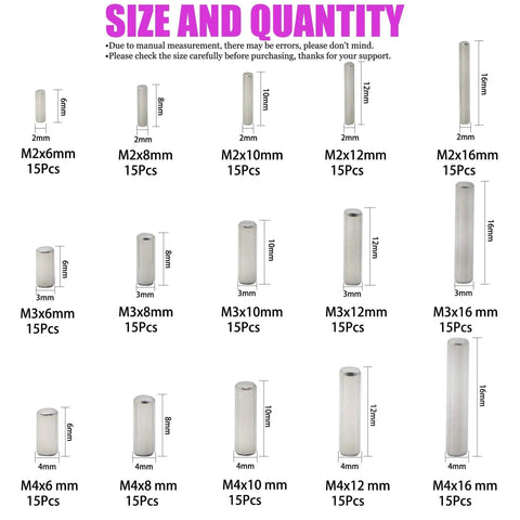 225 Piece Stainless Steel Dowel Pin Assortment Kit M2 M3 M4 304 Steel Parallel Pins 6 to 16mm Shelf Support & Alignment Pins Set with size and quantity details.