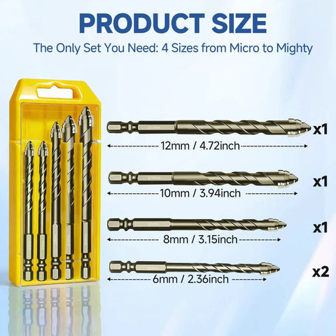 Five Piece Pro Grade Four Flute Eccentric Drill Bit Set For Tile Glass Ceramic Brick Metal Plastic Wood And Concrete With High Hardness Clean Holes And Efficient Chip Removal Sizes 6mm 6mm 8mm 10mm 12mm in yellow case with size labels