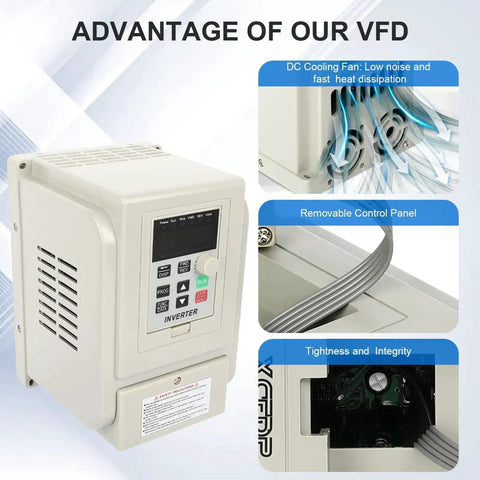 Powerful 220V VFD Inverter for 1.5KW motor speed control with digital display showcasing features like cooling fan and control panel.
