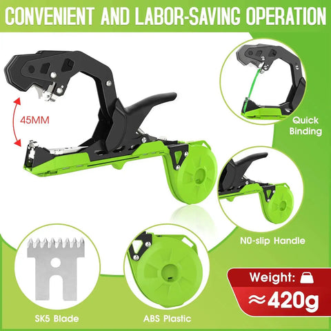 Plant Tying Machine Tapener Tool 420g with 10000 Staples and 20 Rolls Green Tape, shown in various angles and features.