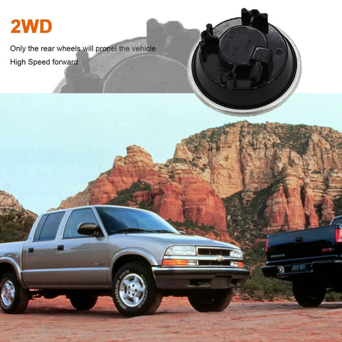 Four Wheel Drive Differential Vacuum Actuator For Chevy S10 Blazer S15 Jimmy Sonoma 1983 To 2005 4x4 SUVs 25031740 8250317400 High Quality Replacement Part Direct Fit Durable Replacement Part with trucks in background.