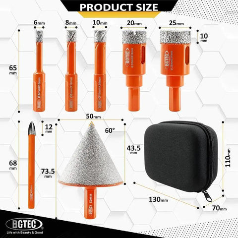 Diamond Core Drill Bit Kit For Tile And Porcelain, 8pc Go-To Triangle Shank Hole Saw Set with case, displayed sizes