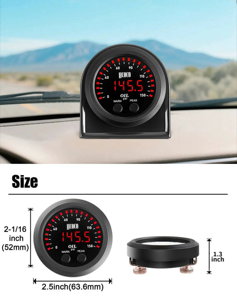 Digital LED Oil Pressure Gauge Kit With 0 To 150 PSI Range Digital Red LED Readout For Fast Clear Readings For Gearheads In Day Or Night 1 8NPT Electronic Sensor And Mounting Bracket For 12V And 24V Cars Trucks And Vehicles 52mm Gauge JJCOCO Now featuring a black gauge on a car dashboard