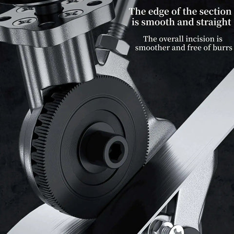 Sheet Metal Nibbler Drill Attachment cutting metal with smooth, burr-free finish, focus on gears and blade in DIY home workshop use.