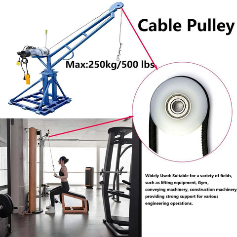 Cable pulley system in gym, blue frame with a pulley, white wheel and steel core, max load 250kg/500 lbs, person exercising.