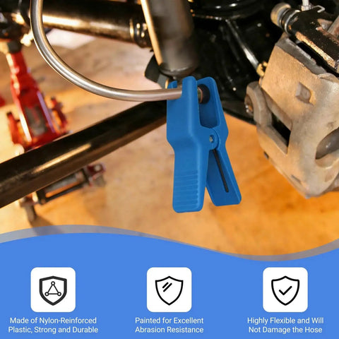 Blue hose clamp pliers for fluid lines, nylon-reinforced plastic, installed on brake line near caliper