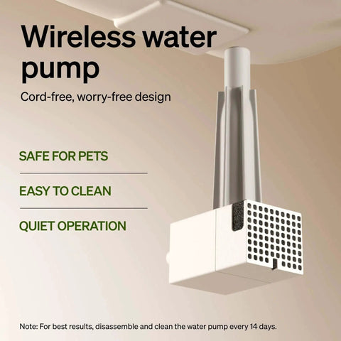 Wireless water pump for cordless battery operated cat water fountain with 2.5L capacity 84oz stainless steel tray BPA free.