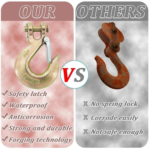 Comparison of Two Pack G70 Forged Clevis Slip Hooks With Safety Latch 18000 Lbs vs rusted hook with corroded finish