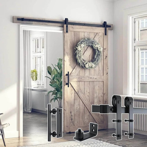 Installed 6.8 Foot Sliding Barn Door Hardware Kit With 6.8 Foot Track Kit, Pull Handle Set And Floor Guide For 36 To 40 Inch Doors J Shape Smooth Quiet Operation Easy To Install Black Powder Coated Durable Alloy