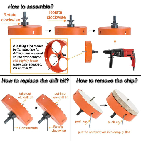 Instructions for assembling and using 6-1/8 Inch Hole Saw Kit For Recessed Lights With Dust Bowl Catcher And Bi-Metal Construction Includes Arbor Replacement Drill Bit Hex Key DIY Friendly For Wood Metal Drywall And LED Recessed Lighting VIKITON