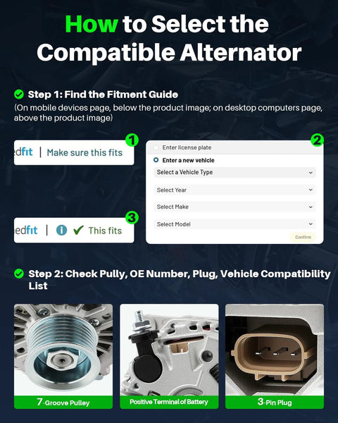 Instructions on selecting compatible alternator for Nissan Altima, Maxima, Murano, Quest; includes fitment guide and parts check.