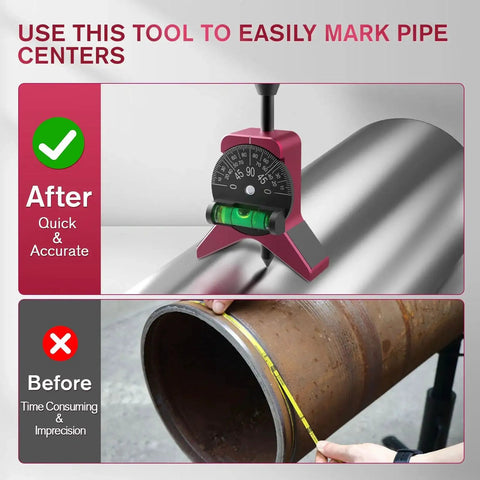 Magnetic Pipe Center Finder Tool With Y Shape Pipefitter Gauge And Adjustable Dial Bubble Protractor For Hands Free Use Fits 1-1/2 To 6 Inch Pipes 2.75 Inch Centering Head For Fast Accurate Pipe Layout shown in use on metal pipe, highlighting efficiency compared to manual marking.