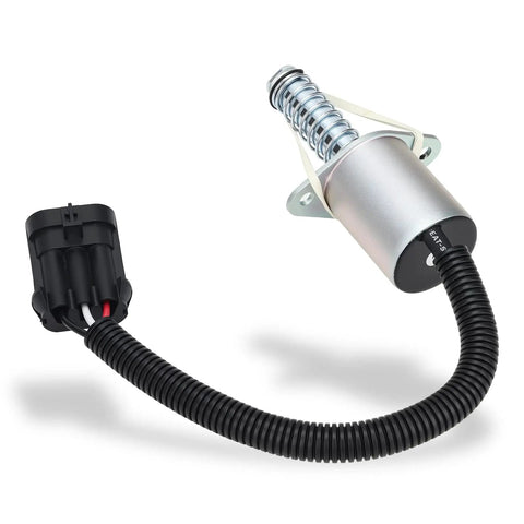 Parking brake solenoid with mounting flange and coil; silver metal body and black wiring harness with connector