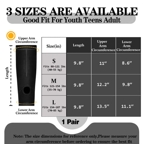 Size chart for Volleyball Arm Sleeves Gear Compression Forearm Guards for Sports Training Keep Warm and Sweat Wicking.
