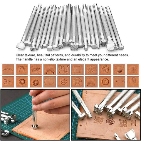 All In One Leather Craft Tools Set For Carving Stamping Sewing Punching And Cutting With A Custom Storage Bag 72 Piece Professional Leather Working Kit For Crafting Repair And DIY Projects TLKKUE showing metal stamps, sample patterns, and use on leather