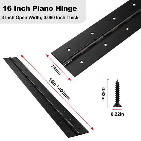 Heavy Duty 16 Inch Piano Hinge, 3 Inch Wide, 0.060 Inch Thick Stainless Steel 304 Black with screw dimensions