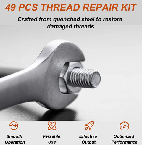 Close-up of wrench using All In One 49 Piece Thread Chaser And Repair Kit For UNC UNF And Metric Bolts Nuts And Screws With 22 Taps