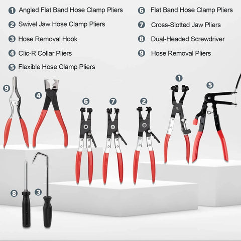 9 Piece Hose Clamp Pliers Set Long Reach Tool Kit For Water Hoses And Radiator Includes Clic R Collar Pliers, Hose Hook