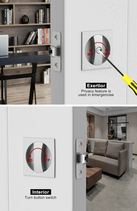Brushed Nickel Pocket Door Lock Privacy Square Hardware displayed on interior door, visible from both exterior and interior perspectives.