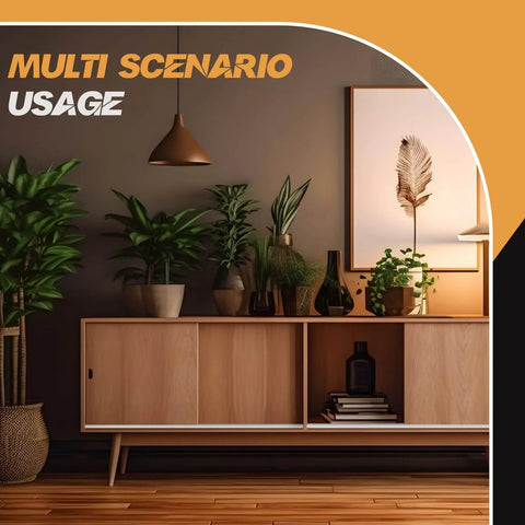 Modern living room with wooden cabinet, plants, and artwork on the wall; example of multi-scenario usage.