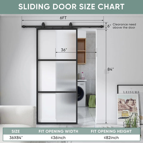 Glass Barn Door 36x84 Reeded Glass With Carbon Steel Pre Drilled Frame Sliding Door Panel Includes 6 Ft Hardware Kit Installed