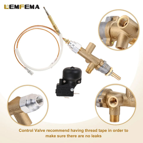 Lemfema propane patio heater repair kit with brass main valve, pilot port, thermocouple sensor, copper line, and dump switch.