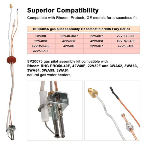 Gas pilot ignition kit SP20075 for natural gas water heaters; copper wires, brass fittings, metal bracket