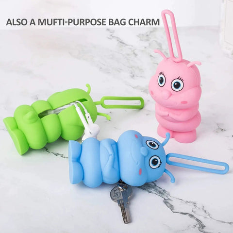 Colorful silicone bag charms in pink, blue, and green with attached keychains, highlighting the Portable Microfiber Cloth With Bag Charm And Keychain Glasses And Screens Pink.