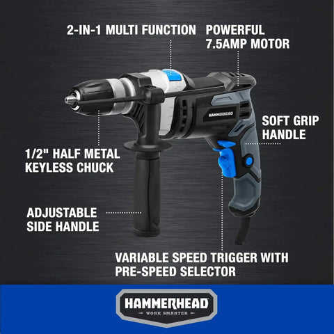 Powerful 7.5 Amp Variable Speed Hammer Drill With One Half Inch Keyless Chuck And 6 Bit Set From Hammerhead, shown with grip handle and features