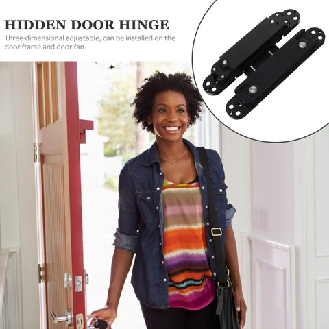 Beefy Heavy Duty Concealed Door Hinge For Wood Doors Adjustable Multi Directional Invisible Cross Hinge 180 Degree Swing Load Bearing 40kg Metal Hinge For Home Interiors shown with open wooded door next to a smiling woman in a colorful top.